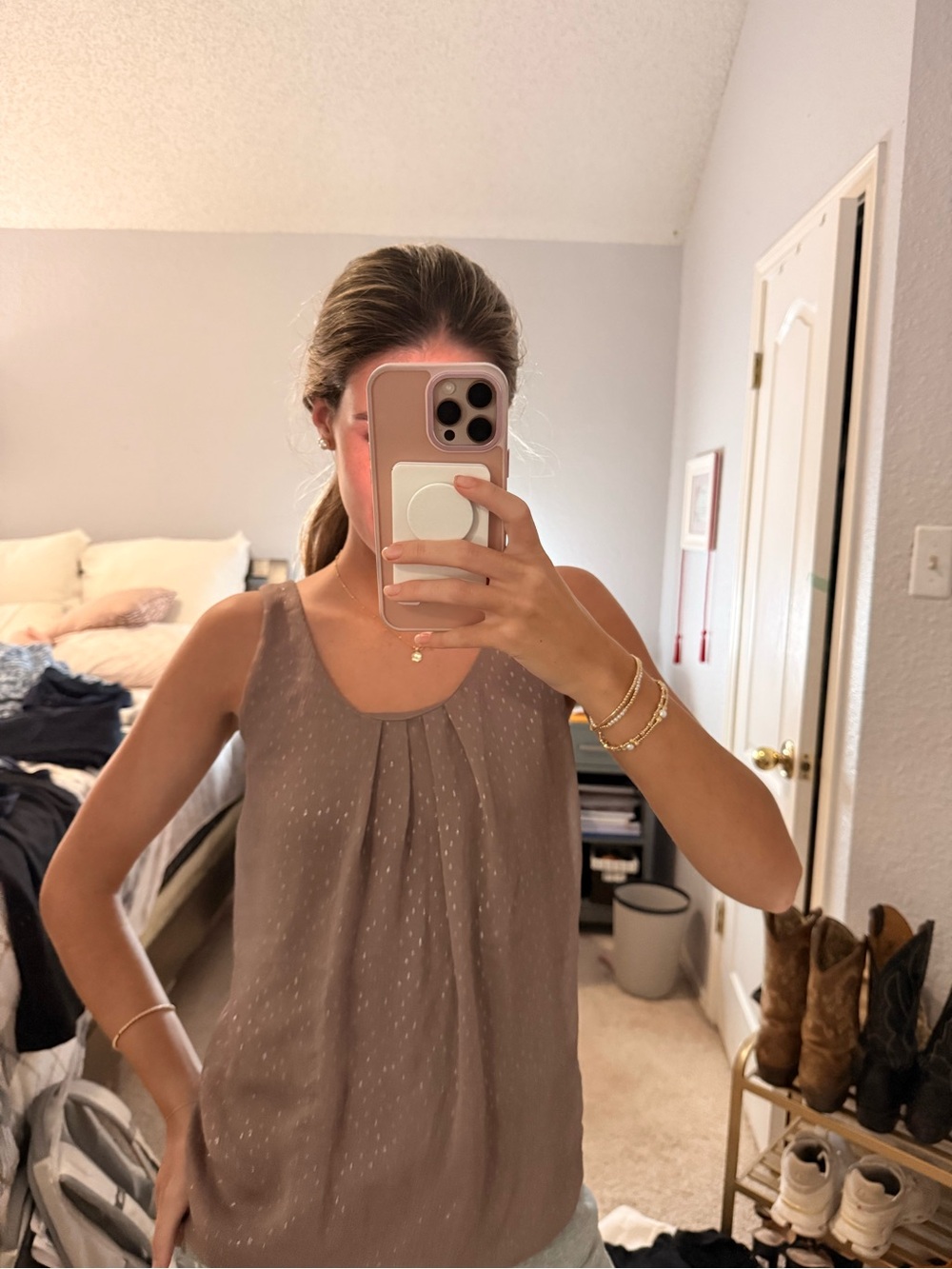 Express Taupe Metallic Dot Sleeveless Top